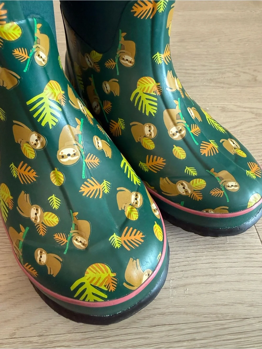 Bogs Kids Green Sloth Rain Boots with Pink Trim